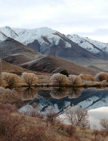 photo print of lake benmore and hills winter hoar frost
