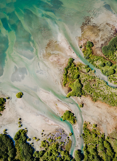 aerial photo print of the Ahuriri braided river flowing into Lake Benmore New Zealand
