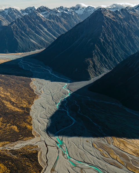 aerial photographic print of Rakaia headwaters and Rakaia river New Zealand