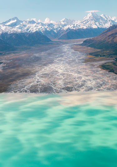 aerial photographic print of the Tasman river and Mount Cook South island New Zealand