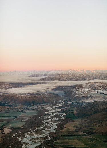 aerial photograph of the Waitaki river at sunrise winter