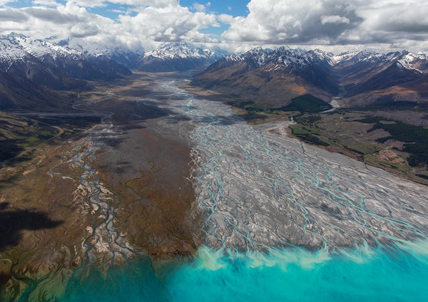 Aerial photographic print of the Tasman river leading up to Mount Cook, South Island New Zealand