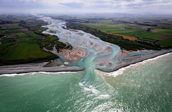 aerial photo of the Waitaki river mouth and waitaki district